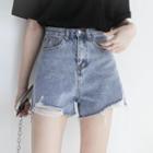 High-waist Washed Denim Distressed Wide Leg Shorts
