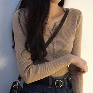 V-neck Ribbed Henley Knit Top