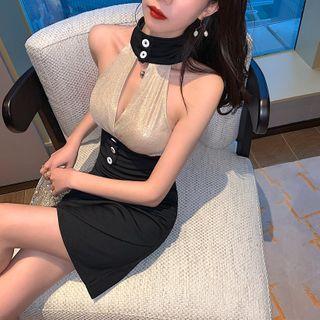 Choker-neck Sleeveless Paneled Sheath Dress