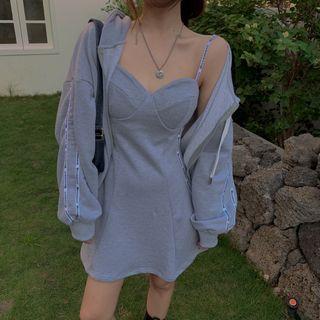 Lettering Zip Hoodie / Spaghetti Strap Mini A-line Dress