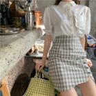 Frilled Short-sleeve Blouse / High-waist Check Skirt