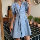 Puff-sleeve Button-up A-line Ruffle Dress Blue - One Size