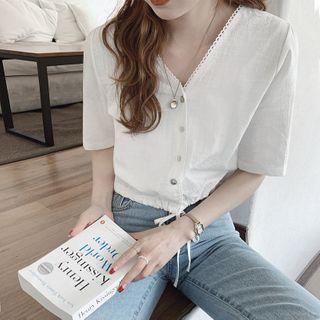 Short-sleeve Lace Trim Drawstring Top