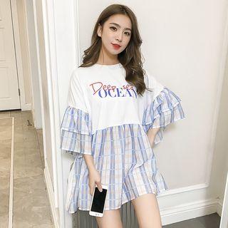 Plaid Panel 3/4-sleeve Lettering T-shirt