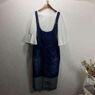 Set: Elbow Sleeve Top + Plain Color Panel Dungaree Dress