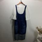 Set: Elbow Sleeve Top + Plain Color Panel Dungaree Dress