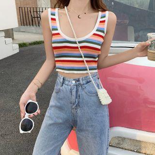 Striped Cropped Knit Tank Top Rainbow - One Size
