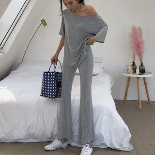 Set: 3/4-sleeve Off Shoulder Top + Boot-cut Pants