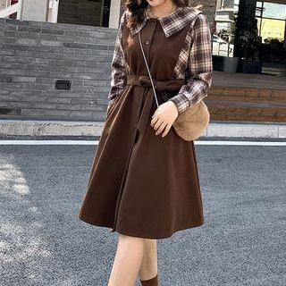 Mock Two-piece Plaid-sleeve Tie-waist Midi A-line Dress