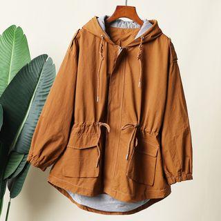 Drawstring Zip Hooded Jacket Caramel - One Size