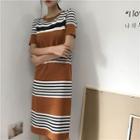Short Sleeve Striped Slit-side Shift Midi Dress