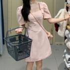 Elbow-sleeve Square Neck Mini A-line Dress Pink - One Size