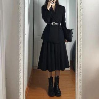 Plain Blazer / Faux Leather Belt / Midi A-line Skirt / Set