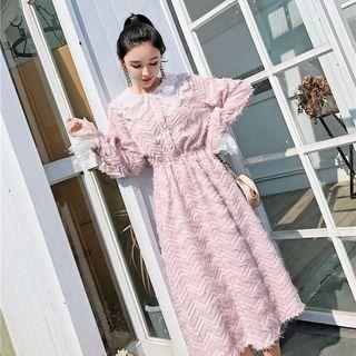 Long-sleeve Mesh Panel Fringed Midi A-line Dress