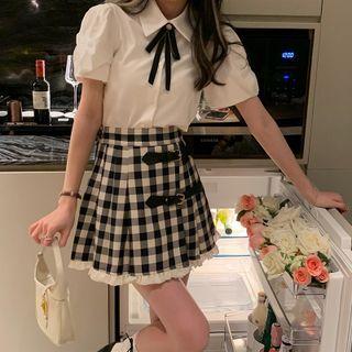 Puff-sleeve Shirt / Plaid Mini A-line Skirt / Bow Tie / Set