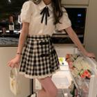 Puff-sleeve Shirt / Plaid Mini A-line Skirt / Bow Tie / Set