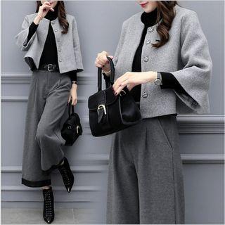 Set: 3/4-sleeve Snap Button Jacket + Wide-leg Pants