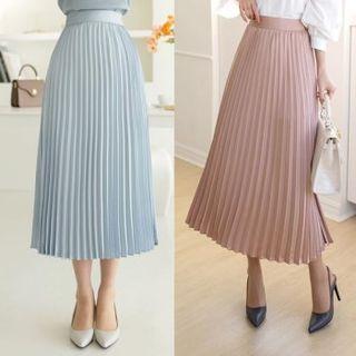 Band-waist Satin Long Pleated Skirt