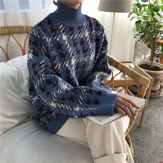Houndstooth Mock-neck Chunky Sweater