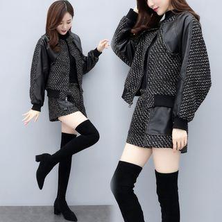 Set: Faux-leather Panel Zip Jacket + High Waist Shorts