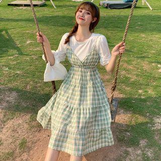 Short-sleeve Paneled Midi A-line Plaid Dress