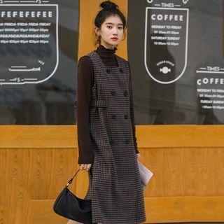 Set: Plaid Sleeveless Midi A-line Dress + Mock-neck Top