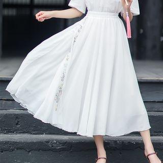 Traditional Chinese Embroidered Flower A-line Midi Skirt
