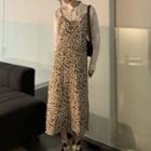 Plain Shirt / Leopard Print Midi A-line Pinafore Dress
