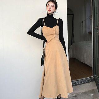 Turtleneck Long-sleeve T-shirt/ Spaghetti Strap Corduroy Midi A-line Dress
