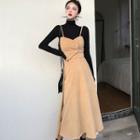 Turtleneck Long-sleeve T-shirt/ Spaghetti Strap Corduroy Midi A-line Dress