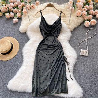 Drawstring Dots Slit Spaghetti-strap Dress