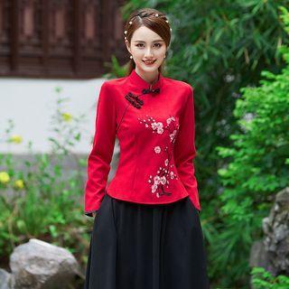 Long-sleeve Embroidered Top / Midi A-line Skirt / Set