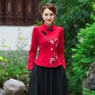 Long-sleeve Embroidered Top / Midi A-line Skirt / Set