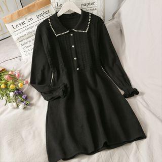 Rhinestone-trim Knit A-line Dress Black - One Size