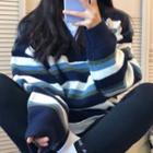 Striped Oversized Sweater Stripes - Blue & White - One Size