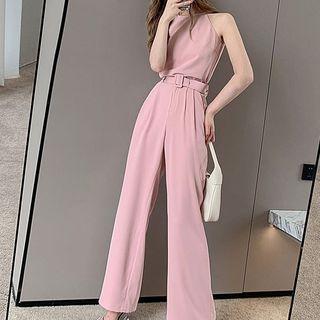 Set: Halter Camisole Top + Belted Wide-leg Pants