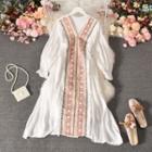 Puff-sleeve Embroidered A-line Dress White - One Size