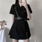 Short-sleeve Double-breasted Belted Mini A-line Dress