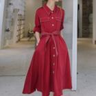 Long-sleeve Contrast Stitching Midi Shirt Dress