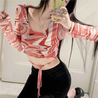 Long-sleeve Print Slim-fit Cropped Mesh Top