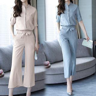 Set: Short-sleeve Pinstriped Shirt + Wide-leg Pants