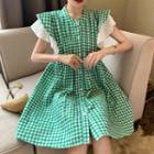 Lace Panel Gingham Mini A-line Dress Plaid - Green - One Size