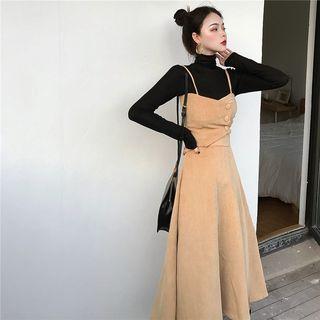 Plain Turtle-neck Long-sleeve Slim-fit Top / Corduroy Sleeveless Dress