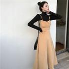 Plain Turtle-neck Long-sleeve Slim-fit Top / Corduroy Sleeveless Dress
