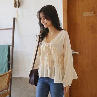 V-neck Tiered A-line Top Beige - One Size