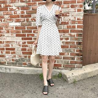 Polka-dot Surplice-wrap Flare Dress