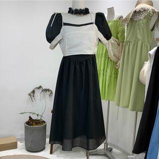 Set : Square-neck Puff Short-sleeve Dress + Plain Camisole Top