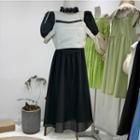 Set : Square-neck Puff Short-sleeve Dress + Plain Camisole Top