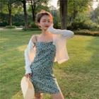 Long-sleeve Frill Trim Cardigan / Floral Pinafore Dress
