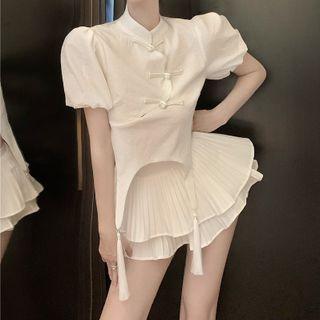 Puff-sleeve Frog-button Cropped Blouse / Mini Tiered Skirt